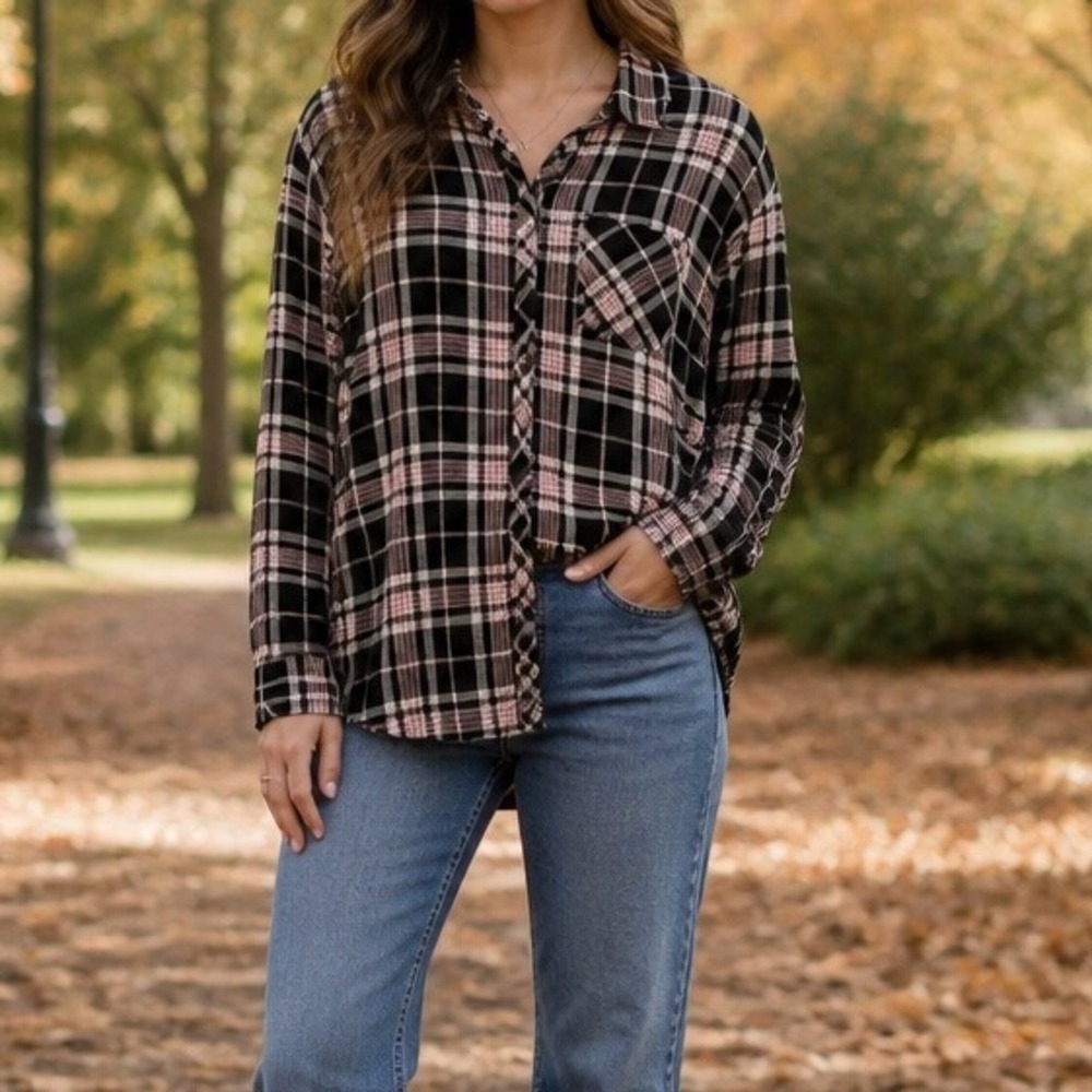 Rails Hunter Button Down Women Large Onyx Rose Gold Plaid Shirt Soft Grunge Dark